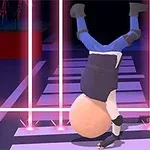 Một nhân vật hoạt hình đang trồng cây chuối phía trước các chùm tia sáng màu hồng trên vạch sang đường
