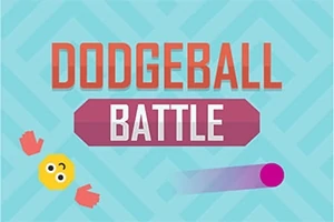 Chữ DODGEBALL BATTLE nằm trên nền xanh, với biểu tượng mặt cười và quả bóng màu tím