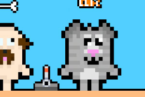 Hình ảnh hiển thị một nhân vật mèo xám có họa tiết pixel đứng cạnh một cần gạt và một người đang nhìn về phía trước, trên nền màu xanh