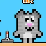 Hình ảnh hiển thị một nhân vật mèo xám có họa tiết pixel đứng cạnh một cần gạt và một người đang nhìn về phía trước, trên nền màu xanh