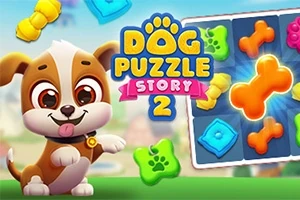 Chú chó hoạt hình dễ thương ngồi bên cạnh bảng câu đố với các khối hình xương và bàn chân đầy màu sắc