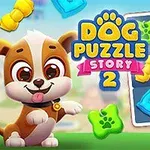 Chú chó hoạt hình dễ thương ngồi bên cạnh bảng câu đố với các khối hình xương và bàn chân đầy màu sắc