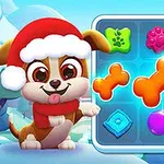 Chó con đội mũ Giáng Sinh đứng cạnh lưới chứa các biểu tượng xương và đồ chơi nhiều màu sắc
