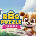 Chú chó hoạt hình dễ thương đứng cạnh tựa đề Dog Puzzle Story, với các hình khối màu sắc và biểu tượng chân chó ở bên trái