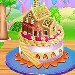 Ngôi nhà bánh gừng được đặt trên một chiếc bánh phủ kem màu sắc, với nền là khung cảnh vườn tươi mát và hàng rào gỗ hồng