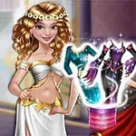 Hai nhân vật nữ trong trang phục cổ điển với một giỏ quần áo phát sáng ở giữa