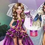 Hai cô gái đứng cạnh nhau mặc trang phục sặc sỡ với khăn voan trên đầu, phía trước là ba chiếc váy lấp lánh