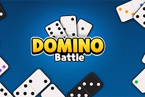 Hình ảnh các quân cờ domino trắng và đen trên nền xanh lam với chữ Domino Battle ở giữa