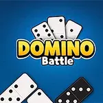 Hình ảnh các quân cờ domino trắng và đen trên nền xanh lam với chữ Domino Battle ở giữa