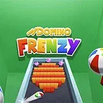 Hình ảnh với logo chữ Domino Frenzy đầy màu sắc, bên dưới là một hình trái tim làm từ domino màu cam, xung quanh là những quả bóng bãi biển nhiều màu sắc trên nền xanh lá