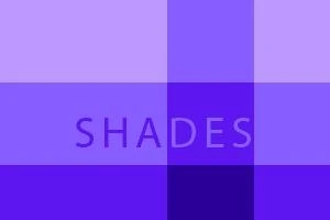Các ô màu xanh và tím sắp xếp xen kẽ với chữ SHADES ở giữa