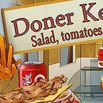 Một bảng hiệu quảng cáo Doner Kebab với hình ảnh khoai tây chiên, lon nước ngọt và các nguyên liệu như thịt, salad, cà chua và hành tây