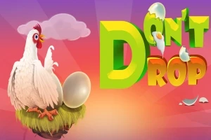 Một con gà mái trắng đứng cạnh quả trứng trên tổ, bên cạnh chữ Dont Drop với một quả trứng vỡ trên nền trời màu cam và tím