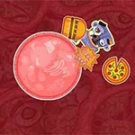 Một quả bóng màu hồng với khuôn mặt, xung quanh là các biểu tượng đồ ăn như hamburger, pizza và bánh donut trên nền đỏ