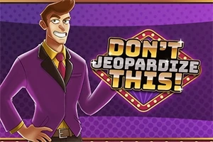 Nhân vật hoạt hình mặc vest tím đứng cạnh một bảng đèn neon với dòng chữ Dont Jeopardize This!