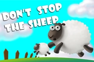 Hai con cừu trắng đang nhảy qua hàng rào trên nền trời xanh và mây trắng, với dòng chữ DONT STOP THE SHEEP ở góc trái trên