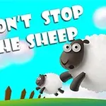 Hai con cừu trắng đang nhảy qua hàng rào trên nền trời xanh và mây trắng, với dòng chữ DONT STOP THE SHEEP ở góc trái trên