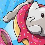 Mèo dễ thương vui nhộn chui qua bánh donut rắc màu sắc trên nền xanh tươi sáng