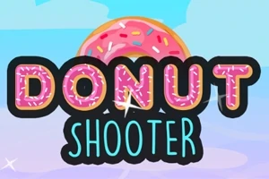 Hình ảnh có nền bầu trời xanh với một chiếc bánh donut phủ lớp đường hồng và nhiều kẹo cốm đa sắc bên cạnh dòng chữ DONUT SHOOTER nổi bật