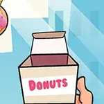 Một chiếc bánh donut màu hồng với rắc kẹo được treo trên dây, trước một hộp trống có chữ donuts, đặt trong tay một người