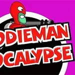 Nhân vật hoạt hình màu đỏ và xanh lá cây đứng sau chữ Doodieman Apocalypse trên nền tím