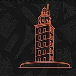 Hình ảnh một tòa tháp được phác thảo với đường nét màu cam trên nền đen có họa tiết các tòa nhà nổi tiếng khác