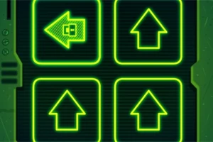 Bốn mũi tên xanh neon trên nền đen, gồm mũi tên trái và ba mũi tên lên