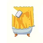 Hình ảnh một bồn tắm với rèm màu vàng và chiếc bọt biển, có bóng mờ của một người phía sau rèm