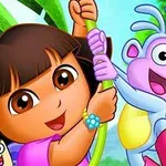 Một cô bé hoạt hình và một con khỉ dễ thương đang đu dây trên cây, xung quanh là bối cảnh thiên nhiên