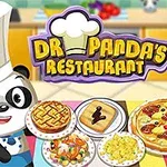 Gấu trúc đội mũ đầu bếp bên cạnh các món ăn trên bàn, có biển hiệu nhà hàng phía trên