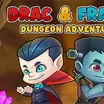 Hai nhân vật hoạt hình vui nhộn trong trang phục ma cà rồng và quái vật Franken, đứng cạnh nhau với phong nền hầm ngục và các viên tinh thể xung quanh