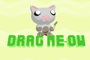 Một con mèo hoạt hình với hình dạng đơn giản đứng trên dòng chữ DRAG ME-OW màu xanh lá trên nền màu vàng nhạt