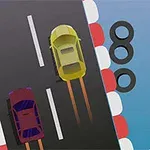 Hai chiếc ô tô đang đua trên đường đua với các lốp xe xếp thành hàng bên lề