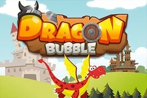 Một rồng đỏ với cánh vàng bay phía dưới chữ Dragon Bubble cùng hình ảnh lâu đài và cây cối phía xa nền trời xanh