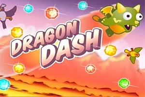 Hình ảnh có chú rồng hoạt hình màu xanh và chữ DRAGON DASH cùng các viên ngọc màu sắc rực rỡ trên nền phong cảnh hoàng hôn