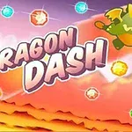 Hình ảnh có chú rồng hoạt hình màu xanh và chữ DRAGON DASH cùng các viên ngọc màu sắc rực rỡ trên nền phong cảnh hoàng hôn