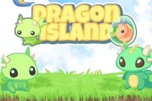 Ba chú rồng xanh dễ thương đứng trên thảm cỏ xanh với dòng chữ Dragon Island nổi bật phía trên