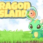Ba chú rồng xanh dễ thương đứng trên thảm cỏ xanh với dòng chữ Dragon Island nổi bật phía trên