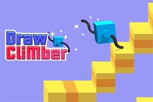 Khối màu xanh lam với chân uốn cong đang leo lên bậc thang màu vàng trên nền tím, bên cạnh là chữ Draw Climber