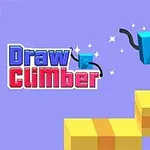 Khối màu xanh lam với chân uốn cong đang leo lên bậc thang màu vàng trên nền tím, bên cạnh là chữ Draw Climber