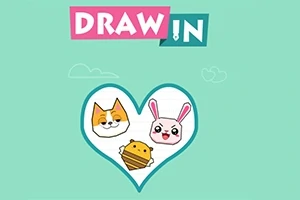 Hình ảnh có nền màu xanh nhạt với chữ DRAW IN ở trên và ba khuôn mặt hoạt hình dễ thương gồm một con mèo, một con thỏ và một chú ong trong hình trái tim