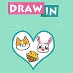 Hình ảnh có nền màu xanh nhạt với chữ DRAW IN ở trên và ba khuôn mặt hoạt hình dễ thương gồm một con mèo, một con thỏ và một chú ong trong hình trái tim