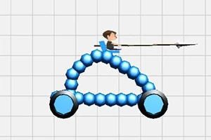 Hình ảnh một nhân vật ngồi trên xe có thiết kế bằng các khối tròn màu xanh dương, cầm cây thương dài, trên nền lưới