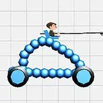 Hình ảnh một nhân vật ngồi trên xe có thiết kế bằng các khối tròn màu xanh dương, cầm cây thương dài, trên nền lưới