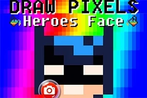 Hình ảnh nền màu sắc rực rỡ với nhân vật pixel đeo mặt nạ màu đen và chữ Draw Pixels - Heroes Face trên đầu