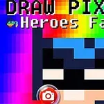 Hình ảnh nền màu sắc rực rỡ với nhân vật pixel đeo mặt nạ màu đen và chữ Draw Pixels - Heroes Face trên đầu