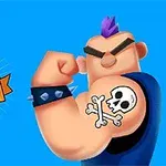 Nhân vật hoạt hình với kiểu tóc mohawk tím khoe hình xăm đầu lâu trên bắp tay, nền màu xanh dương