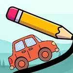 Một chiếc ô tô màu đỏ đang đi trên một đường vẽ bởi một cây bút chì vàng lớn với phong cảnh đồi núi phía sau