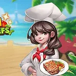 Đầu bếp nữ đội mũ trắng, cầm đĩa thức ăn, đứng trước khung cảnh bãi biển cùng với logo đầy màu sắc bên cạnh
