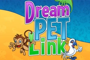 Hình ảnh có chữ Dream Pet Link với nền màu xanh và vàng, cùng một con khỉ và một con vẹt trắng vui nhộn xung quanh